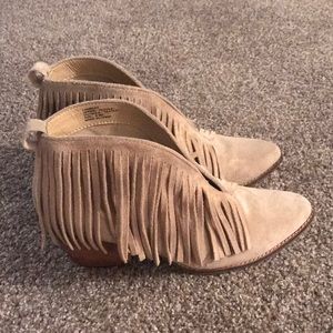Cream Faux Suede Fringe Bootie